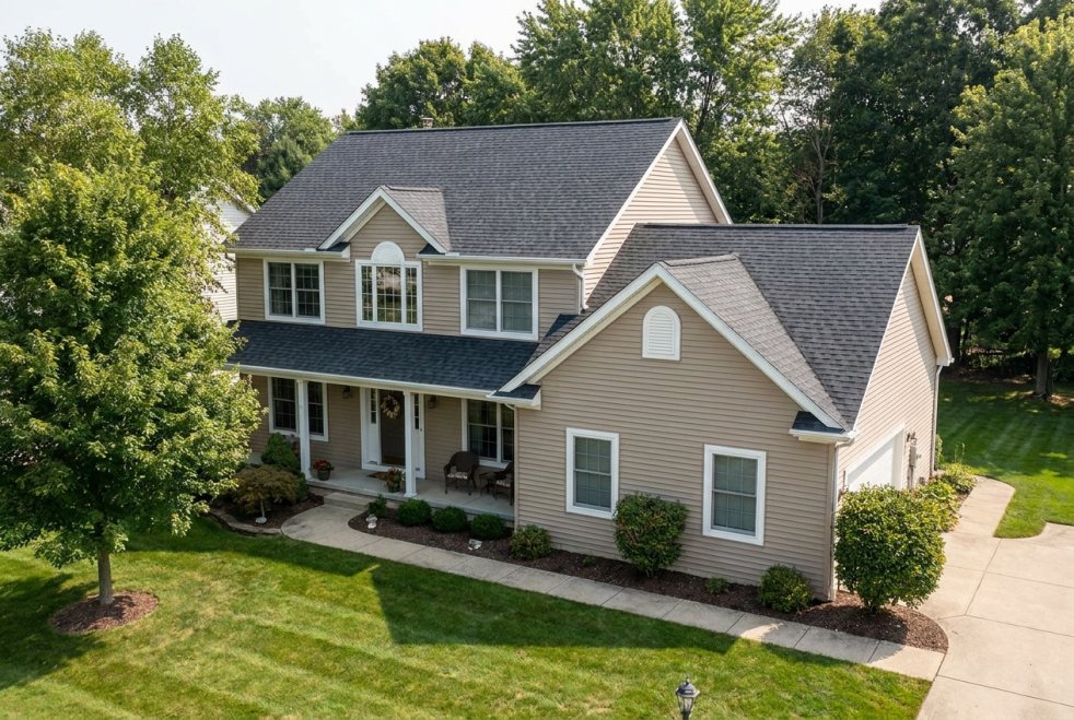 Suburban home with a new roof in Mentor, Ohio, surrounded by trees and a manicured lawn