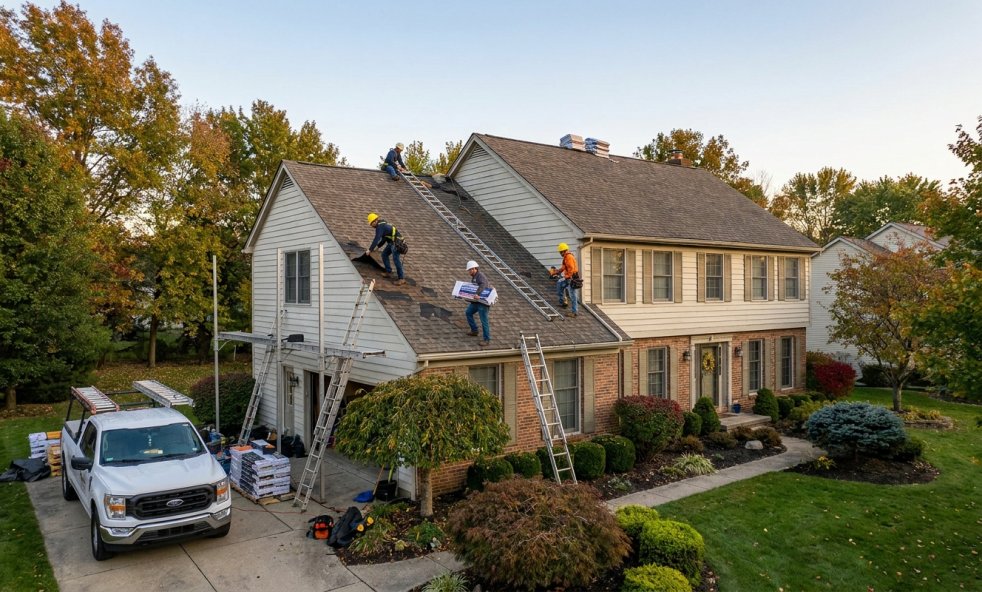 Roofing crew repairing a suburban home roof with ladders and work truck in the driveway