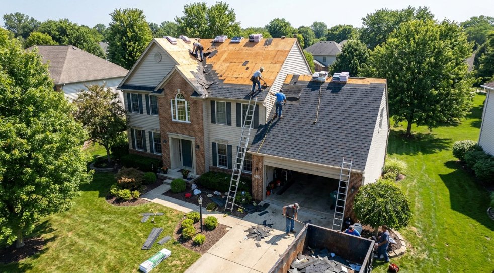 Roofers replacing a shingle roof on a suburban home in Mentor, Ohio