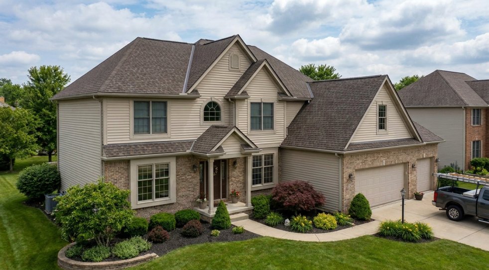 Two-story suburban home with a new shingle roof in Mentor, Ohio