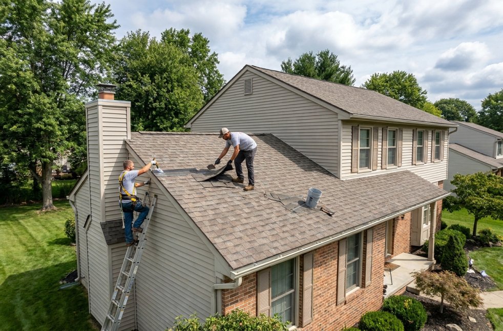 Roofers repairing a leaky shingle roof on a home in Mentor, OH