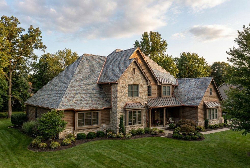 Slate roof on a stone home in Mentor, OH with landscaped yard and trees