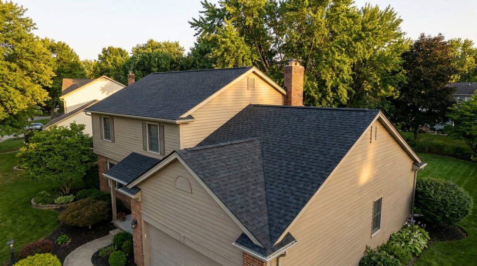 Shingle roof on a suburban home in Mentor, Ohio surrounded by trees and landscaping