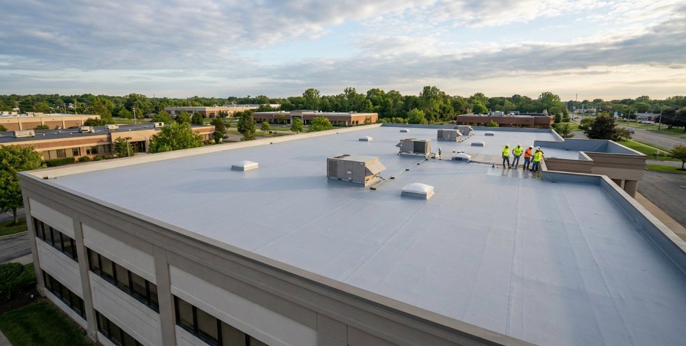Commercial flat roof on building in Mentor, OH with roofing crew inspecting rooftop equipment