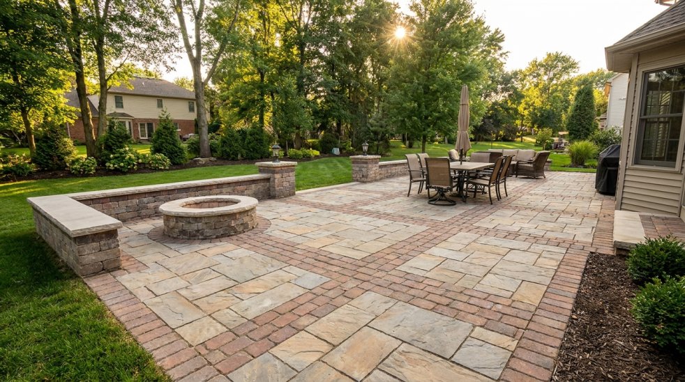 Spacious stone masonry backyard patio with fire pit, seating area, and retaining walls in a landscaped home yard