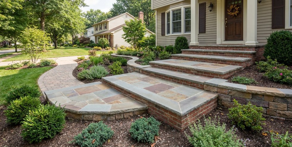 Masonry front steps leading to a suburban home with a landscaped walkway and stone retaining walls