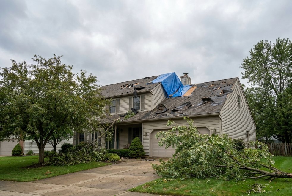 Storm-damaged roof on a house in Mentor, OH with missing shingles and fallen tree limbs