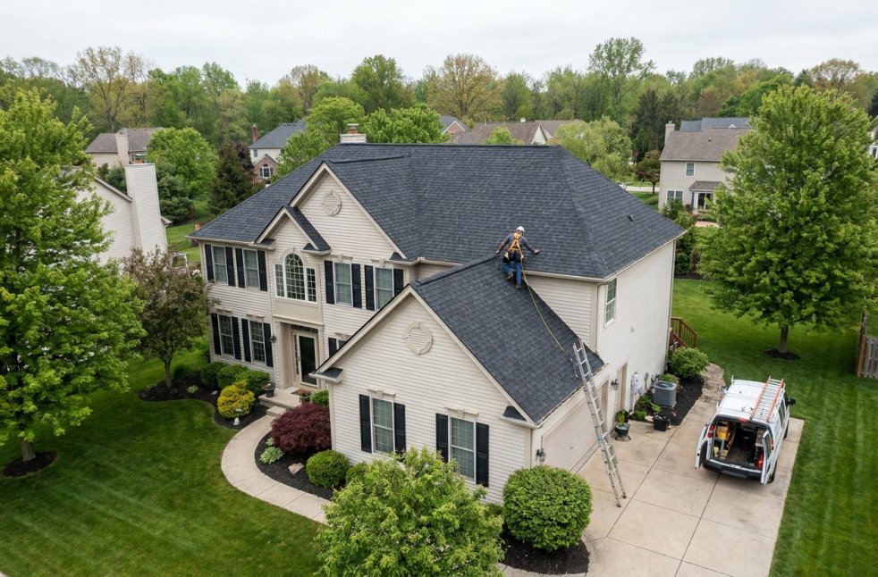 Roofer inspecting a suburban home roof with a ladder and service van in the driveway
